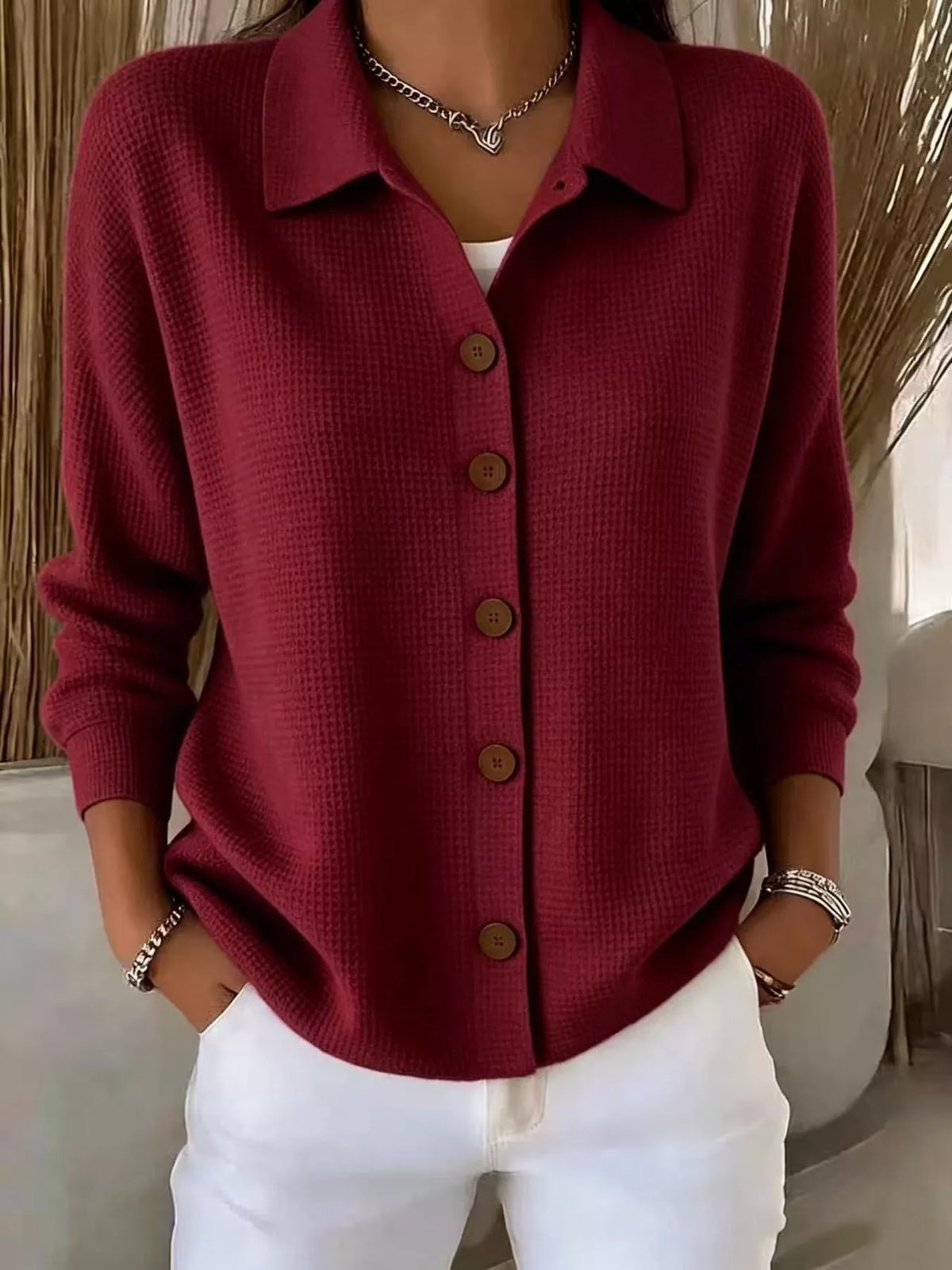 full size waffle knit button-down shirt plus | dropsona - neutral - close-up detail