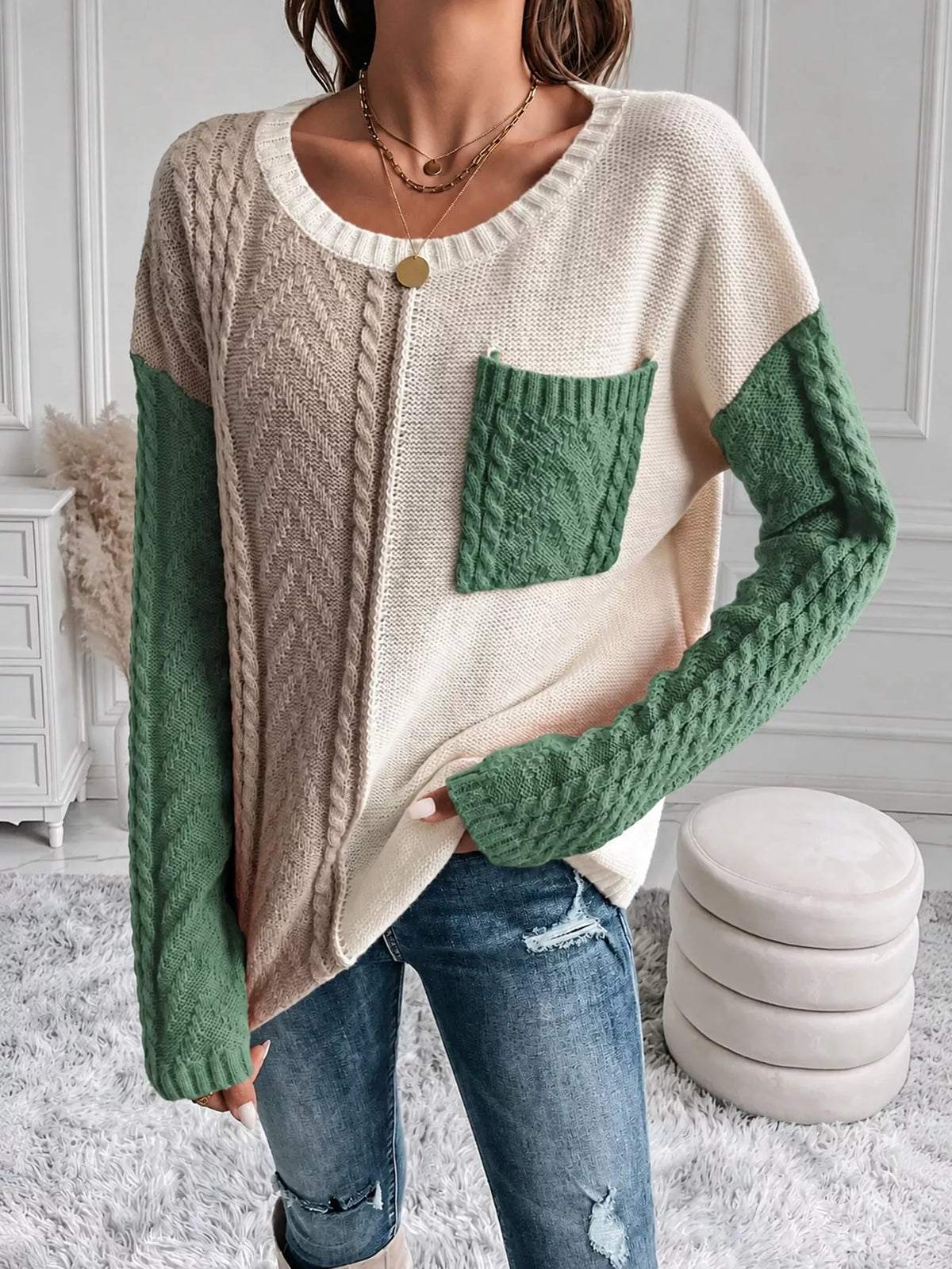 color block cable knit sweater – cable-knit fit | dropsona - neutral - packaging