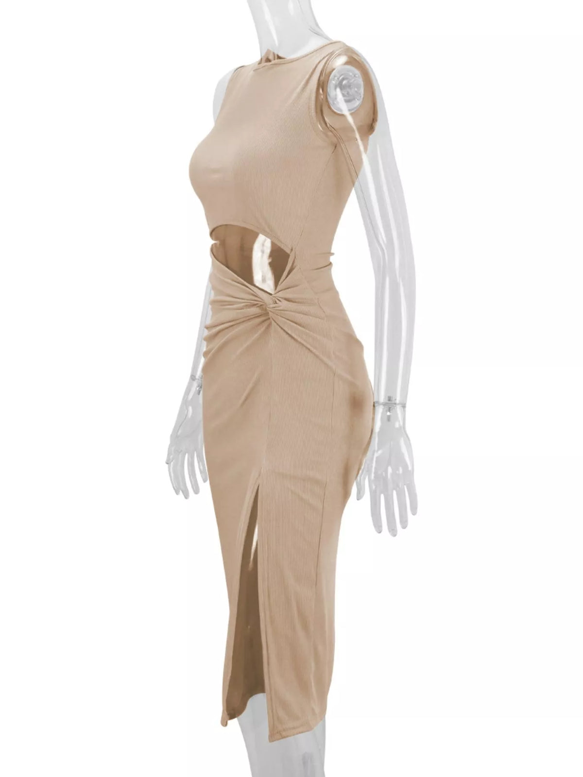 sleeveless cut-out ruched high-slit bodycon dress | dropsona - neutral - usage example