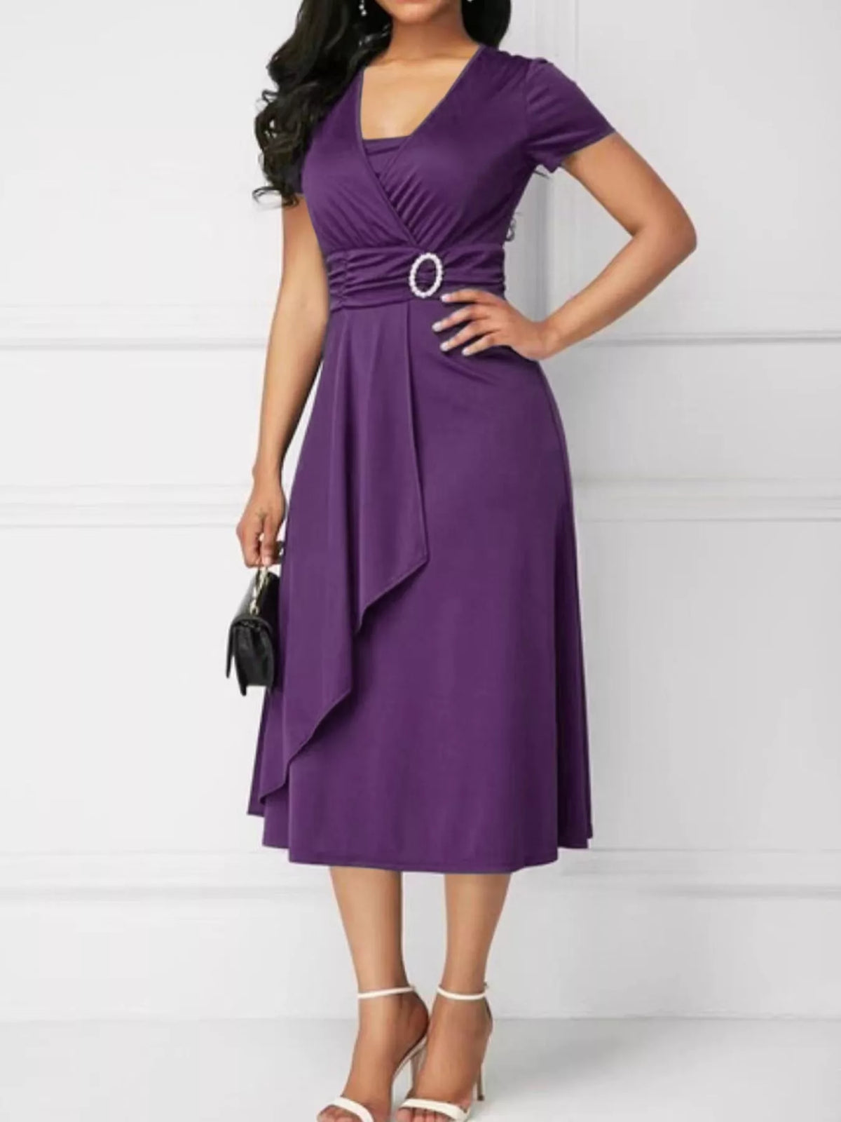 full size decorative buckle short sleeve dress plus | dropsona - neutral - size reference