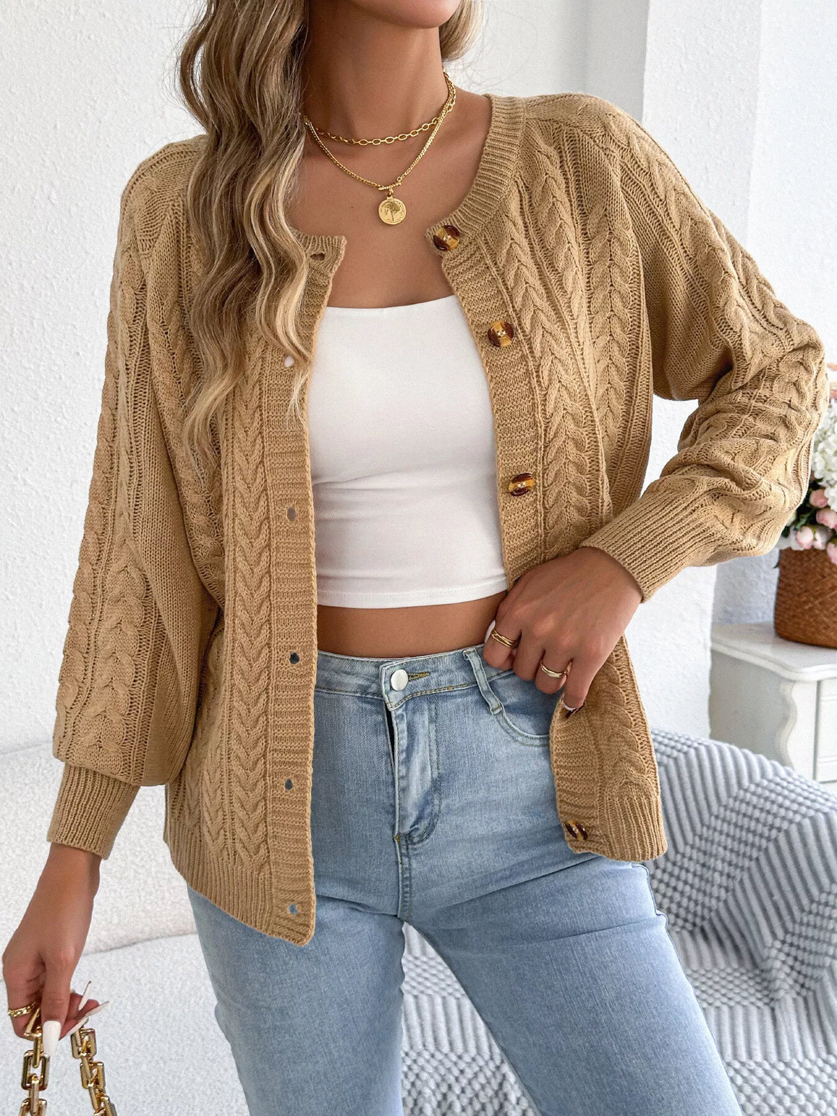 cable knit button-front cardigan – cable-knit,buttoned | dropsona - neutral - material texture