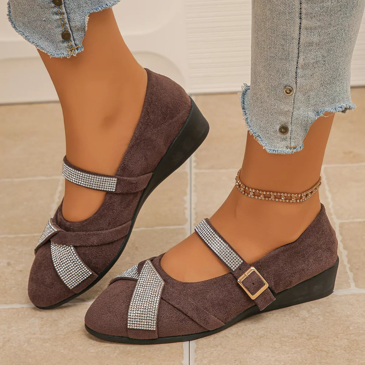 rhinestone embellished suede loafers with adjustable | dropsona - neutral - size reference