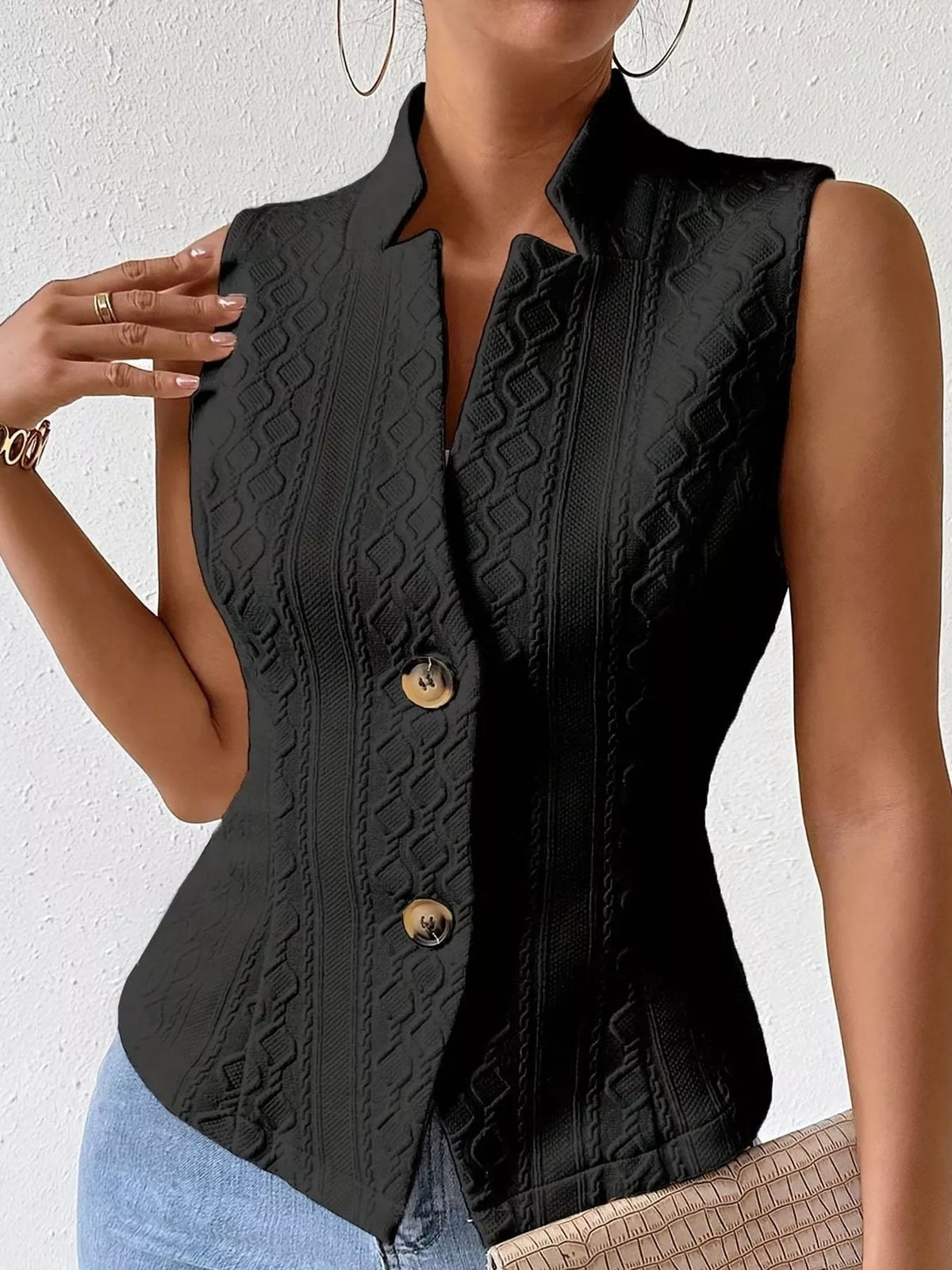textured single-breasted vest coat – buttoned closure | dropsona - neutral - usage example