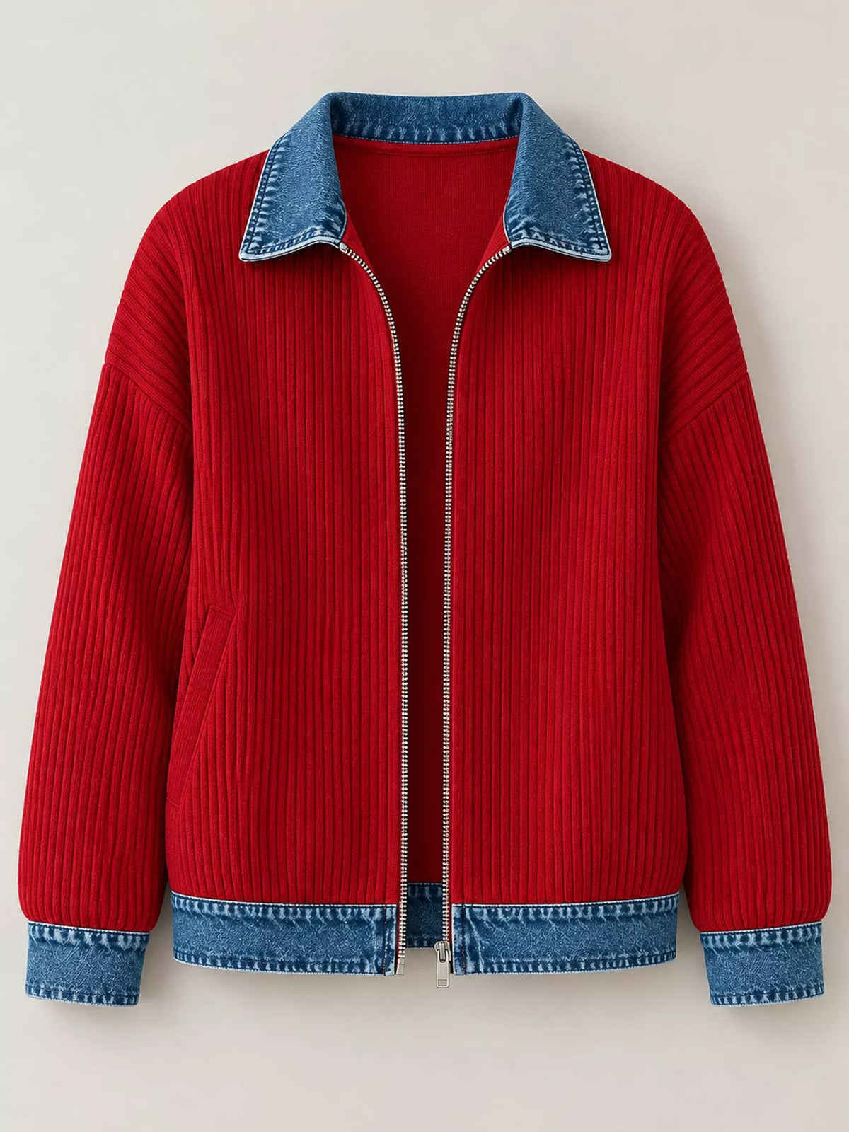full size denim-collar ribbed knit zip-up jacket plus | dropsona - neutral - close-up detail