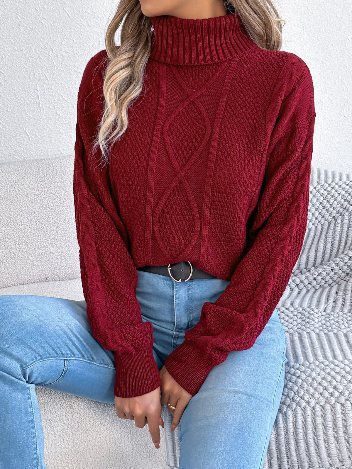 cable knit turtleneck sweater – basic style | dropsona - neutral - material texture
