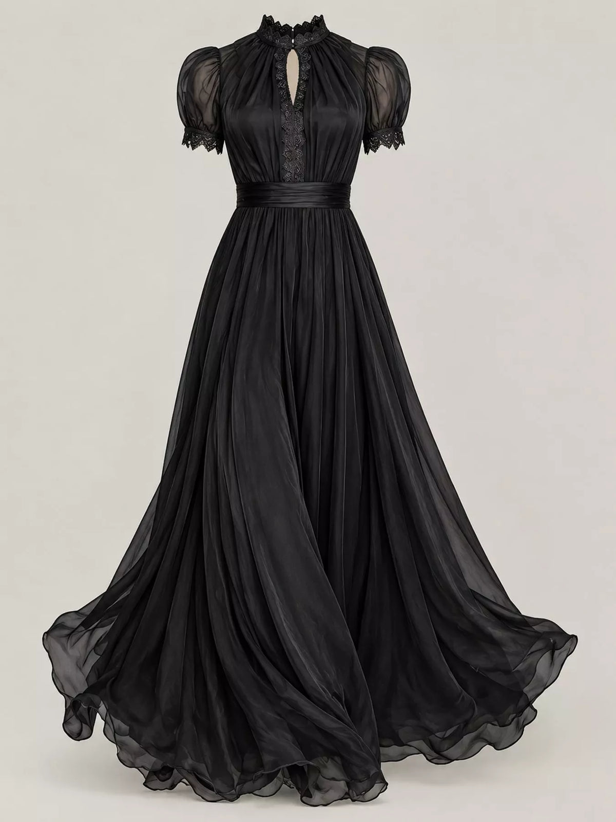 full size elegant sheer chiffon mock-neck maxi dress | dropsona - neutral - close-up detail
