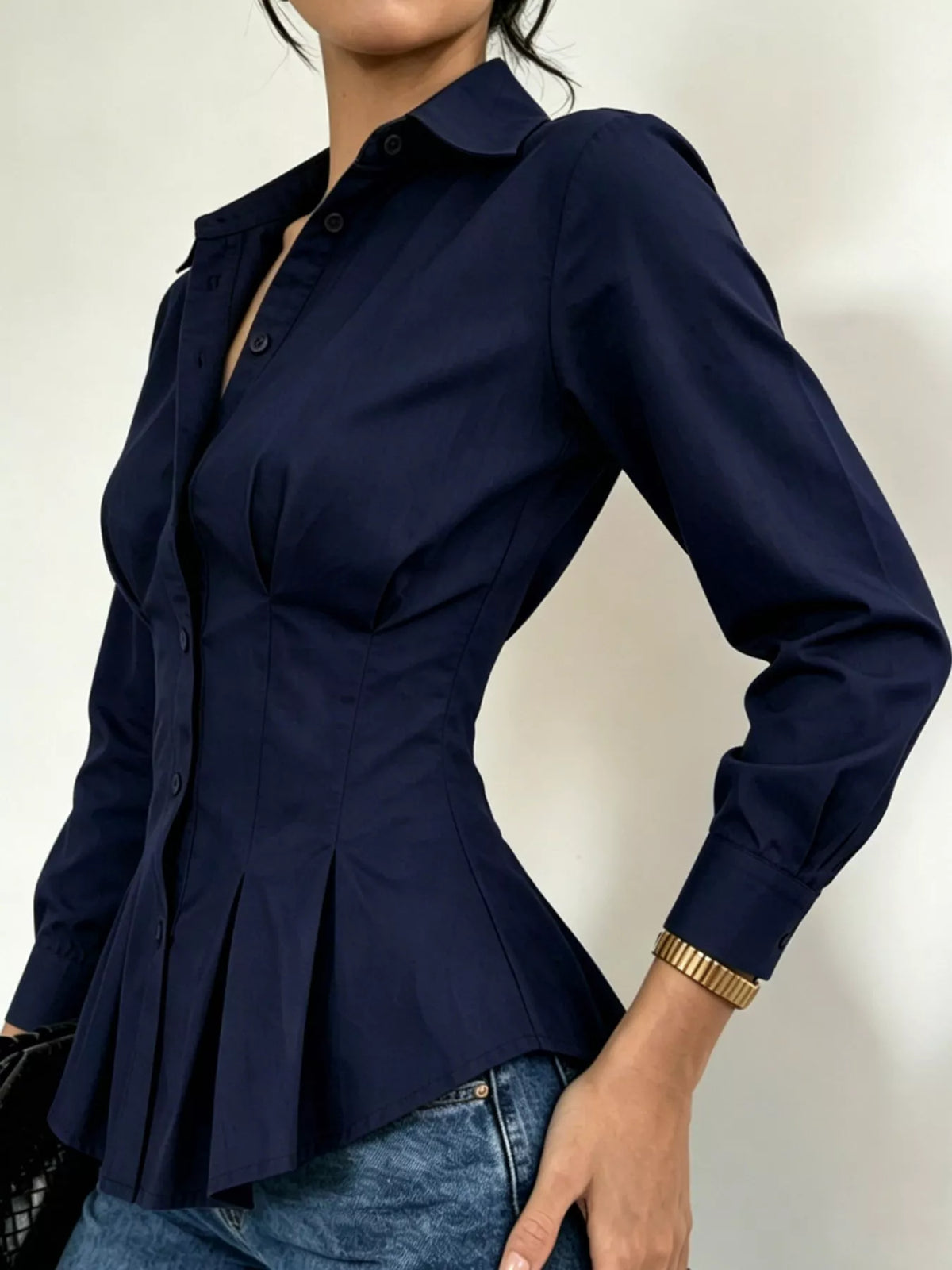 button-down peplum blouse with fitted waist | dropsona - neutral - close-up detail