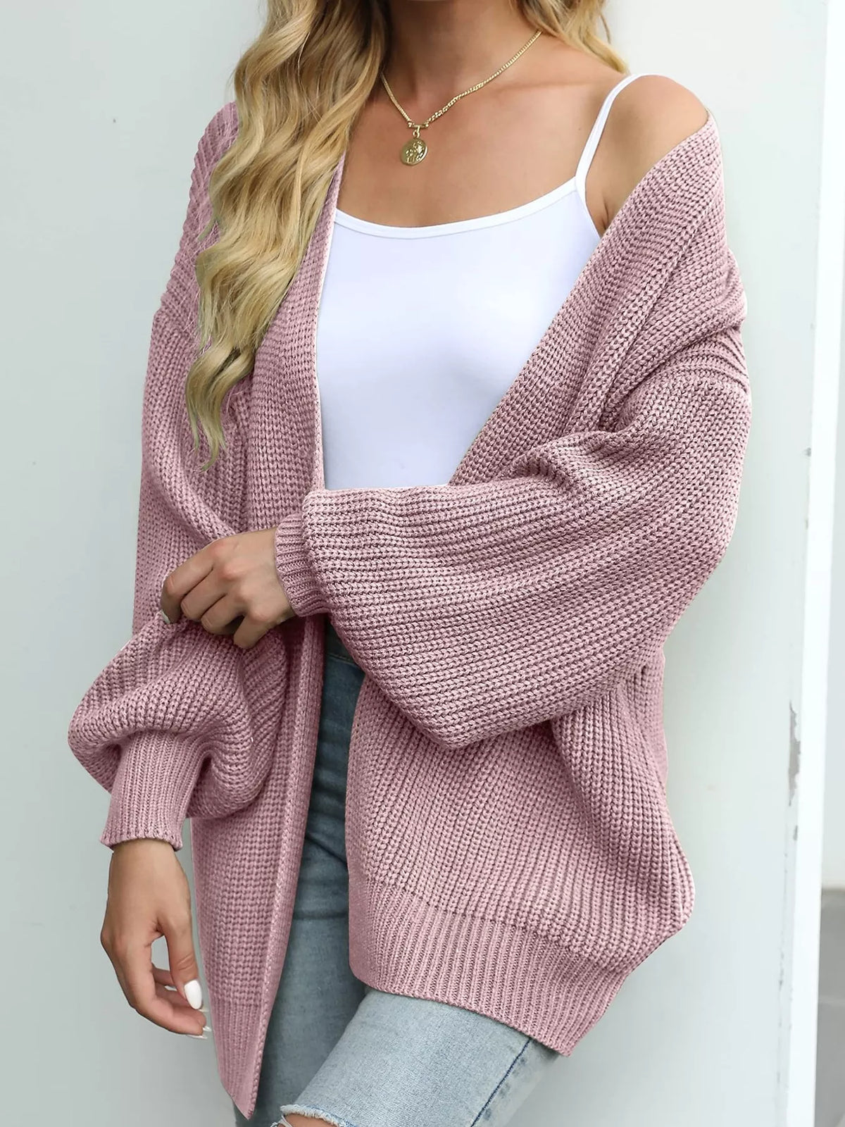 chunky knit open front cardigan with lantern sleeves | dropsona - neutral - front view