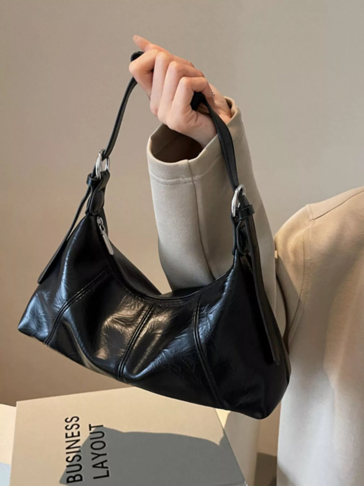 pu leather shoulder bag – stylish sling | dropsona - neutral - close-up detail