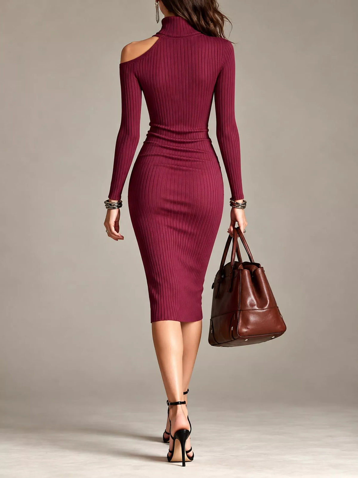 cold-shoulder turtleneck ribbed knit dress | dropsona - neutral - close-up detail