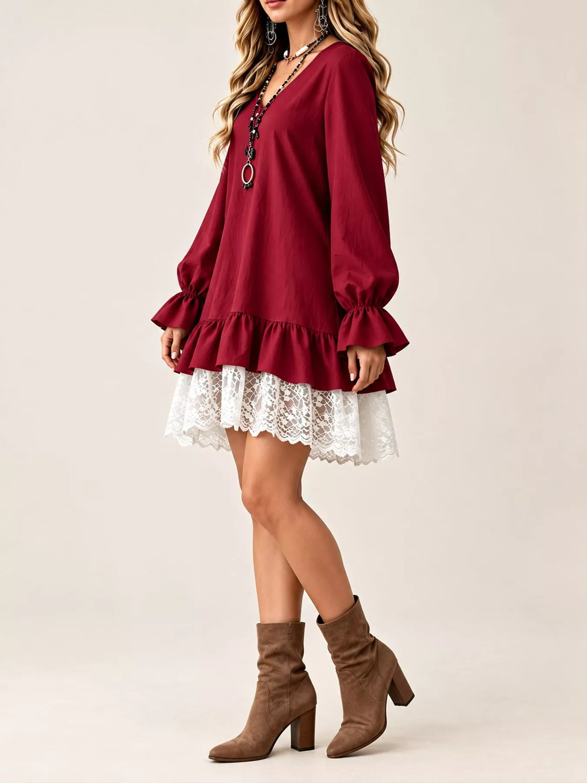 lace hem v-neck flounce sleeve dress | dropsona - neutral - usage example