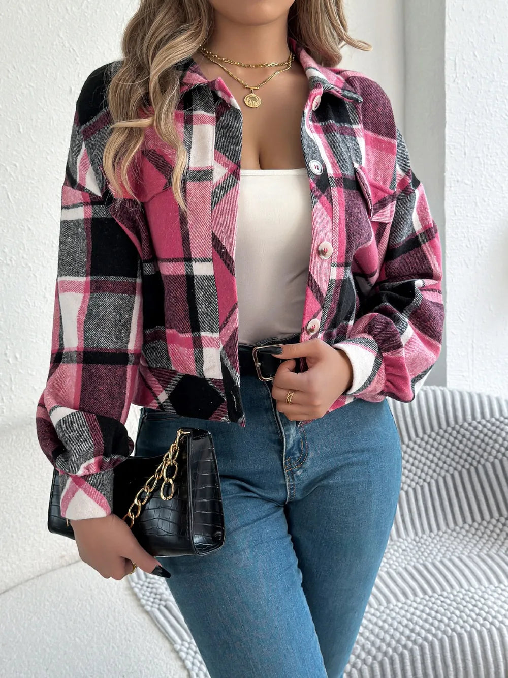 plaid button up long sleeve jacket – buttoned | dropsona - neutral - usage example