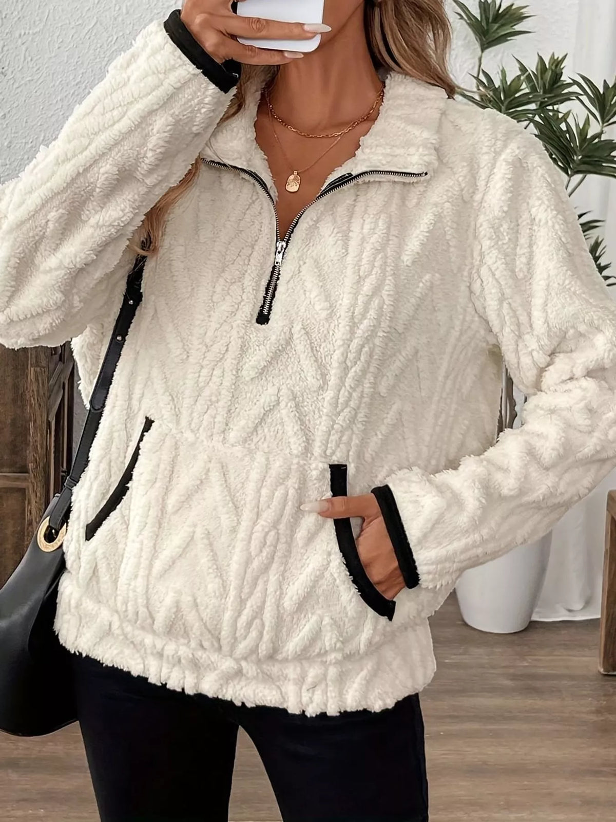full size quarter-zip sherpa sweatshirt plus | dropsona - neutral - close-up detail