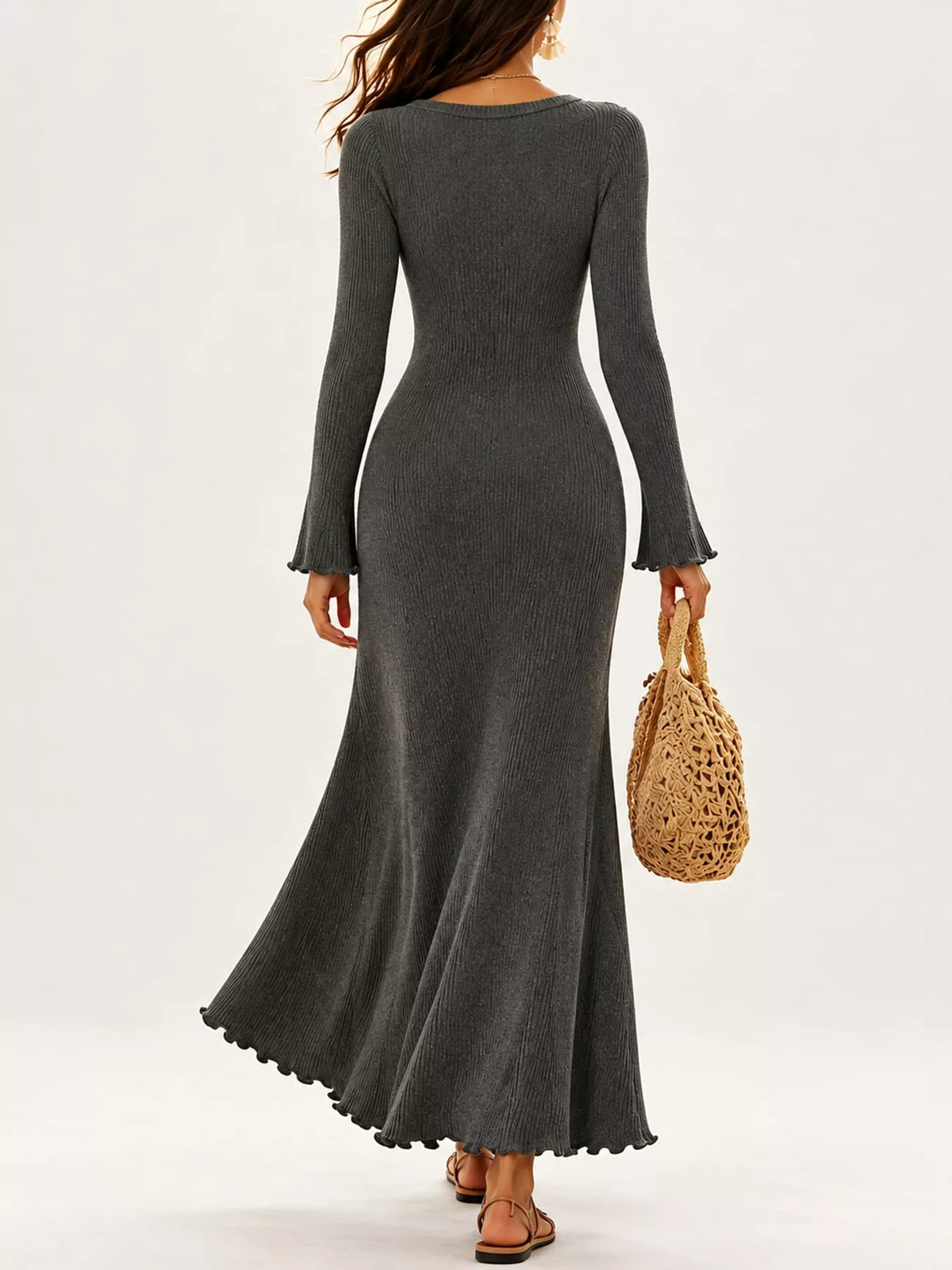 button-front ribbed knit maxi dress | dropsona - neutral - front view