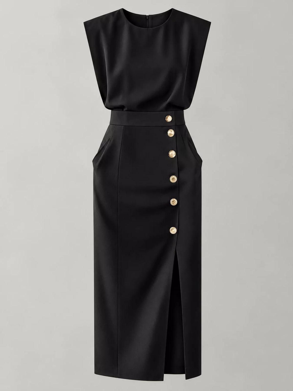 sleeveless midi dress with gold button detail and | dropsona - neutral - material texture
