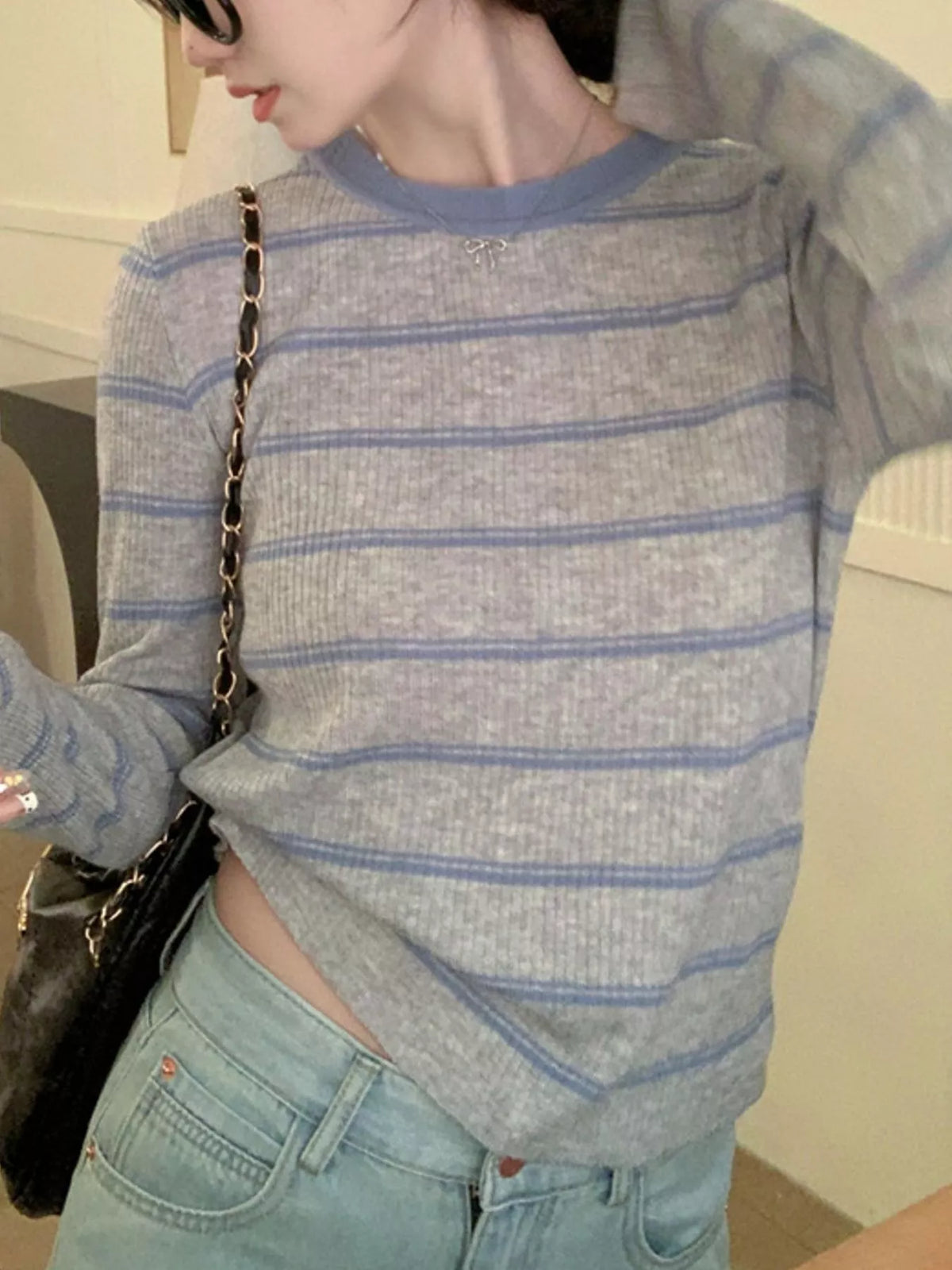 striped round neck ribbed knit top | dropsona - neutral - size reference