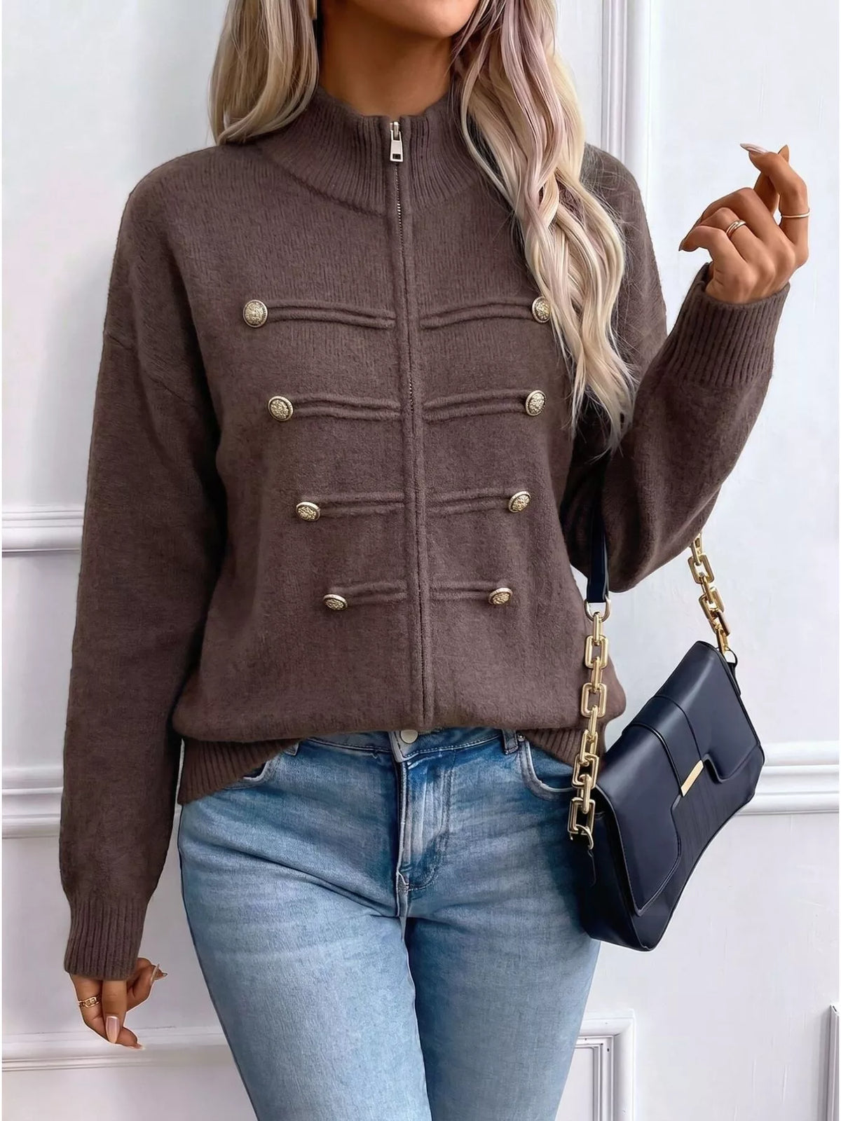 zip-up long sleeve cardigan – decorative button | dropsona - neutral - size reference