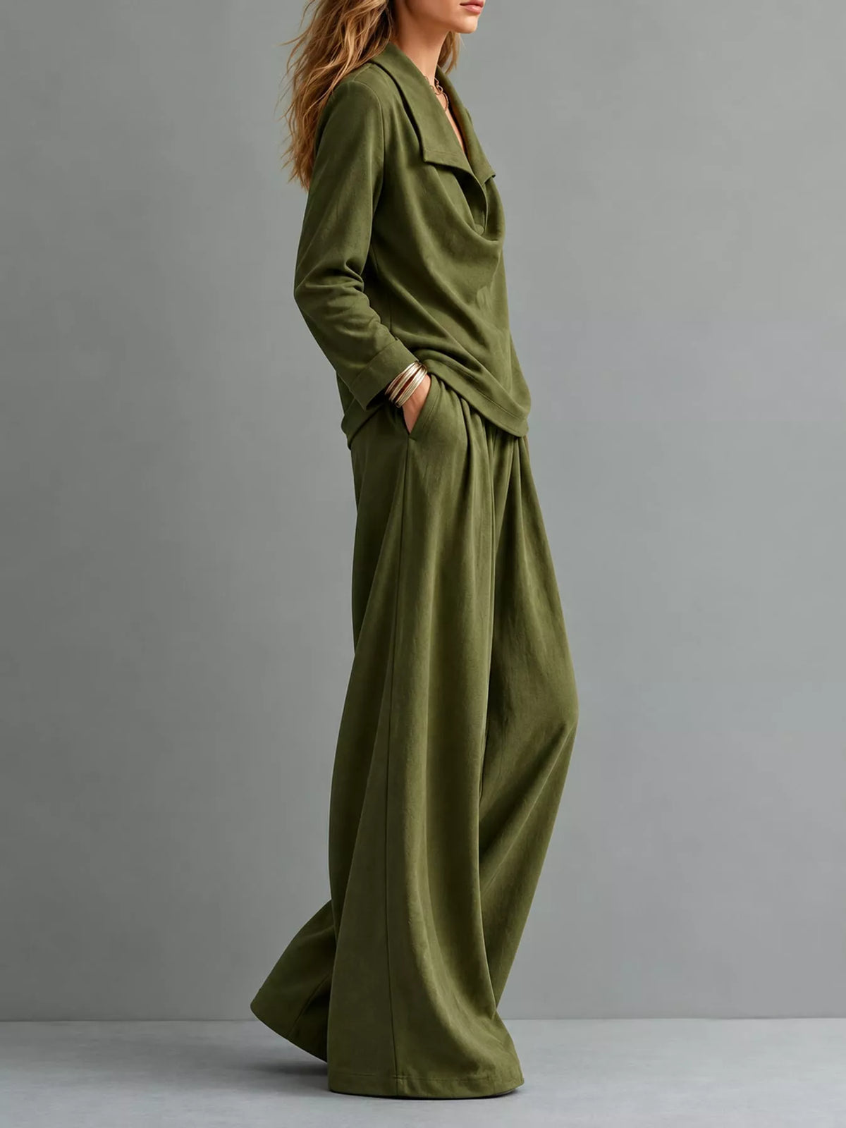 full size casual elegant top and wide-leg pants set | dropsona - neutral - size reference