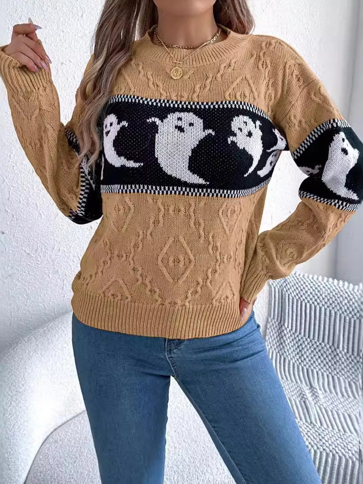 halloween ghost pattern textured sweater – cable-knit | dropsona - neutral - packaging