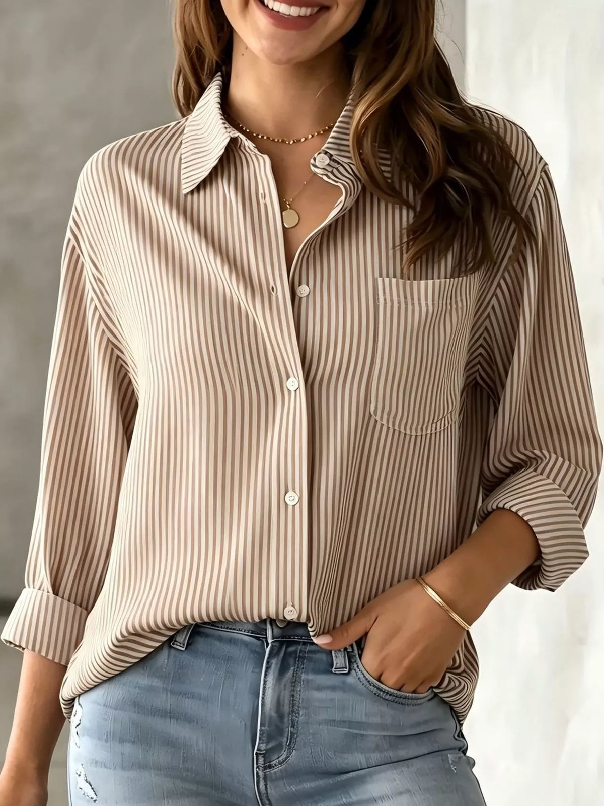 full size striped button-down long sleeve shirt plus | dropsona - neutral - front view