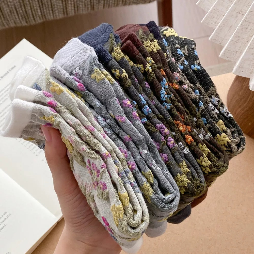 5 pair vintage floral embroidered crew socks – candy | dropsona - neutral - front view