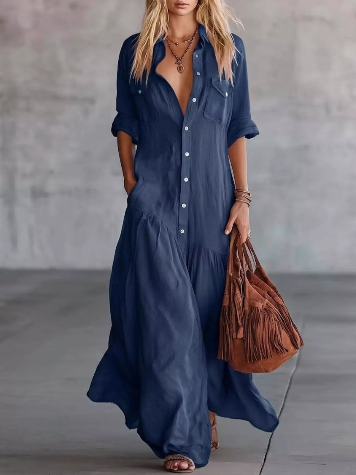 full size button-down maxi shirt dress with pockets | dropsona - neutral - everyday use
