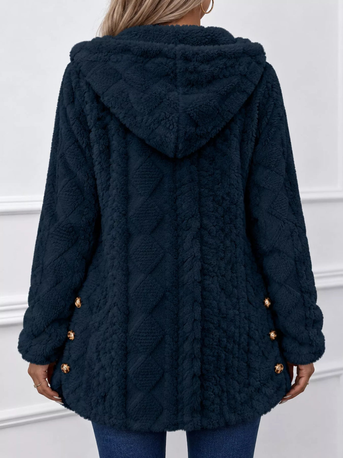 full size cozy cable-knit faux fur hooded outerwear | dropsona - neutral - front view