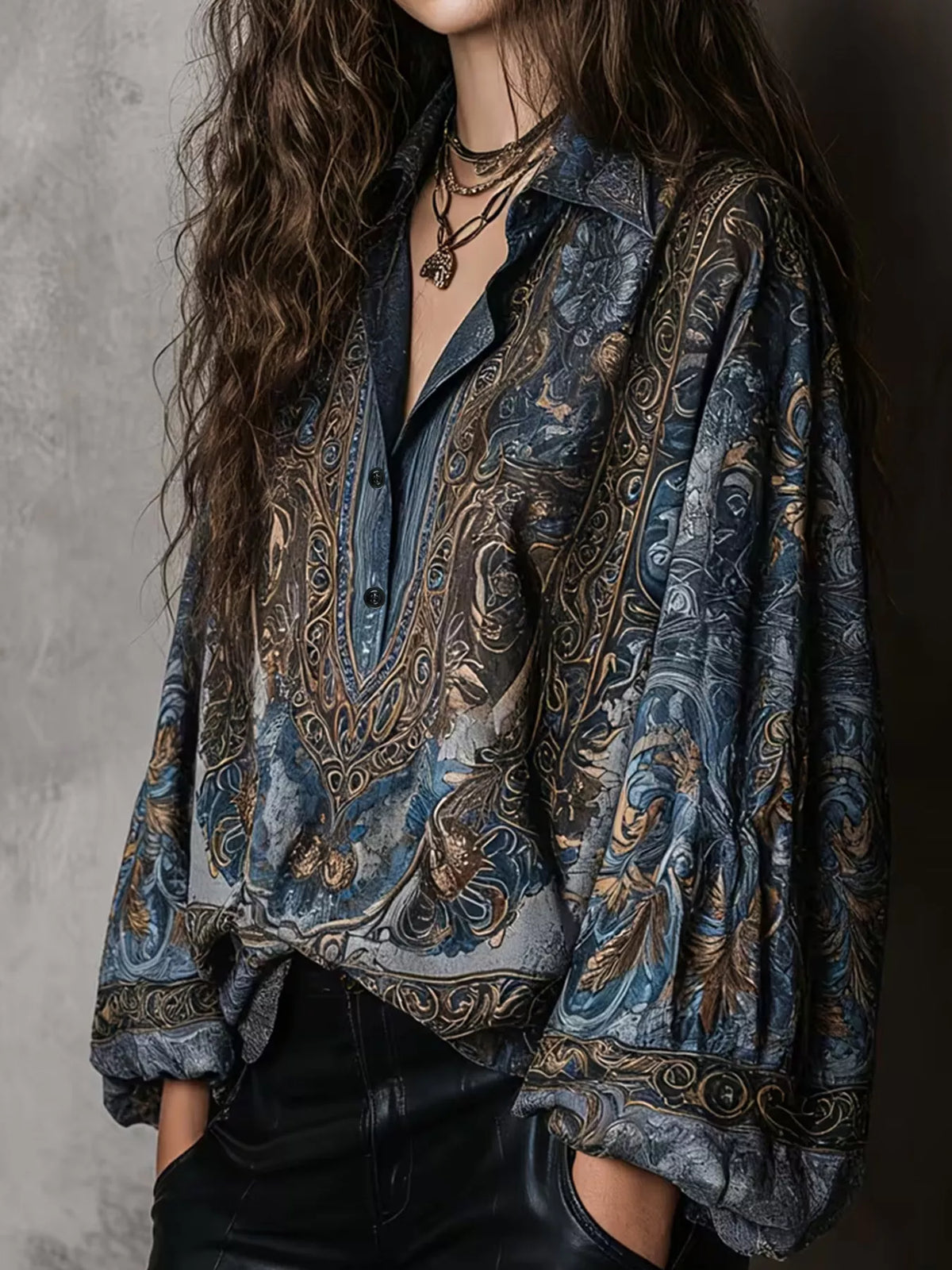 full size vintage print long sleeve oversized blouse | dropsona - neutral - front view