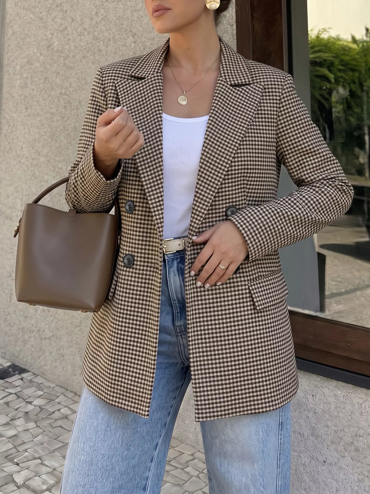 plaid lapel collar double-breasted blazer | dropsona - neutral - everyday use