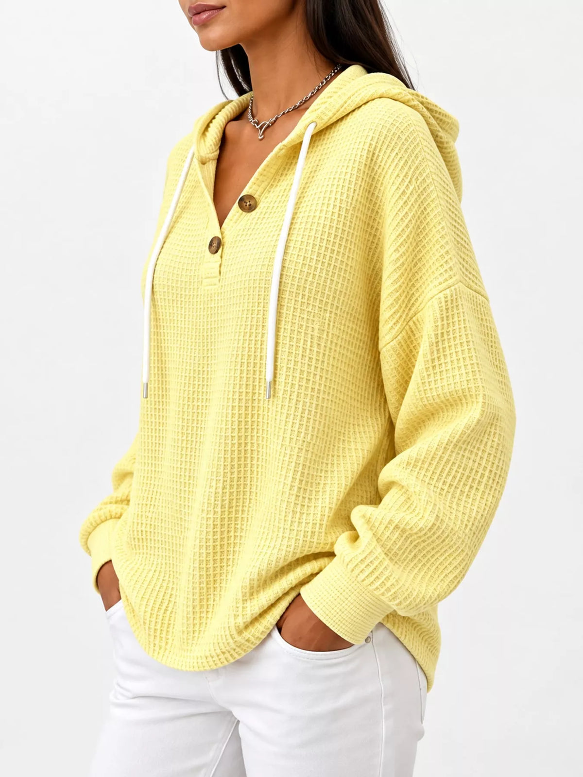 full size waffle knit button detail hoodie plus | dropsona - neutral - usage example
