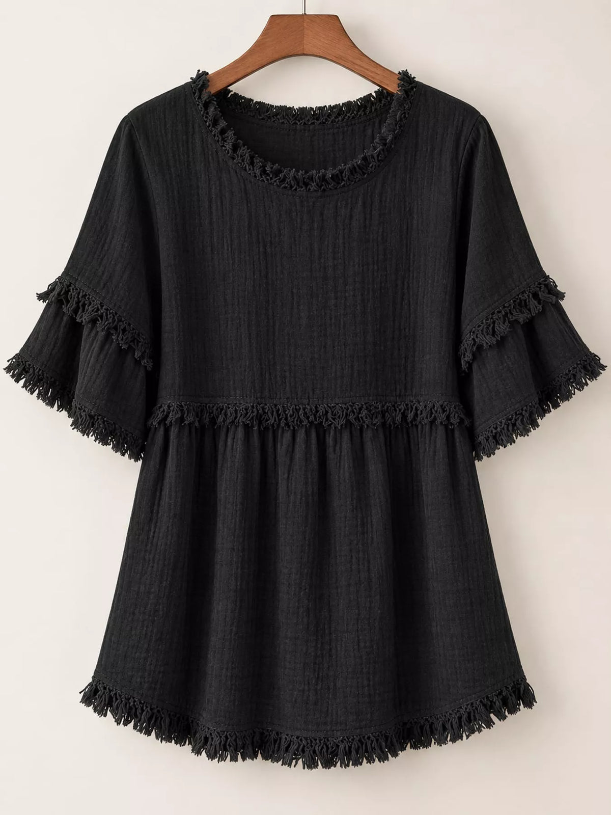 full size frayed edge textured blouse plus | dropsona - neutral - material texture