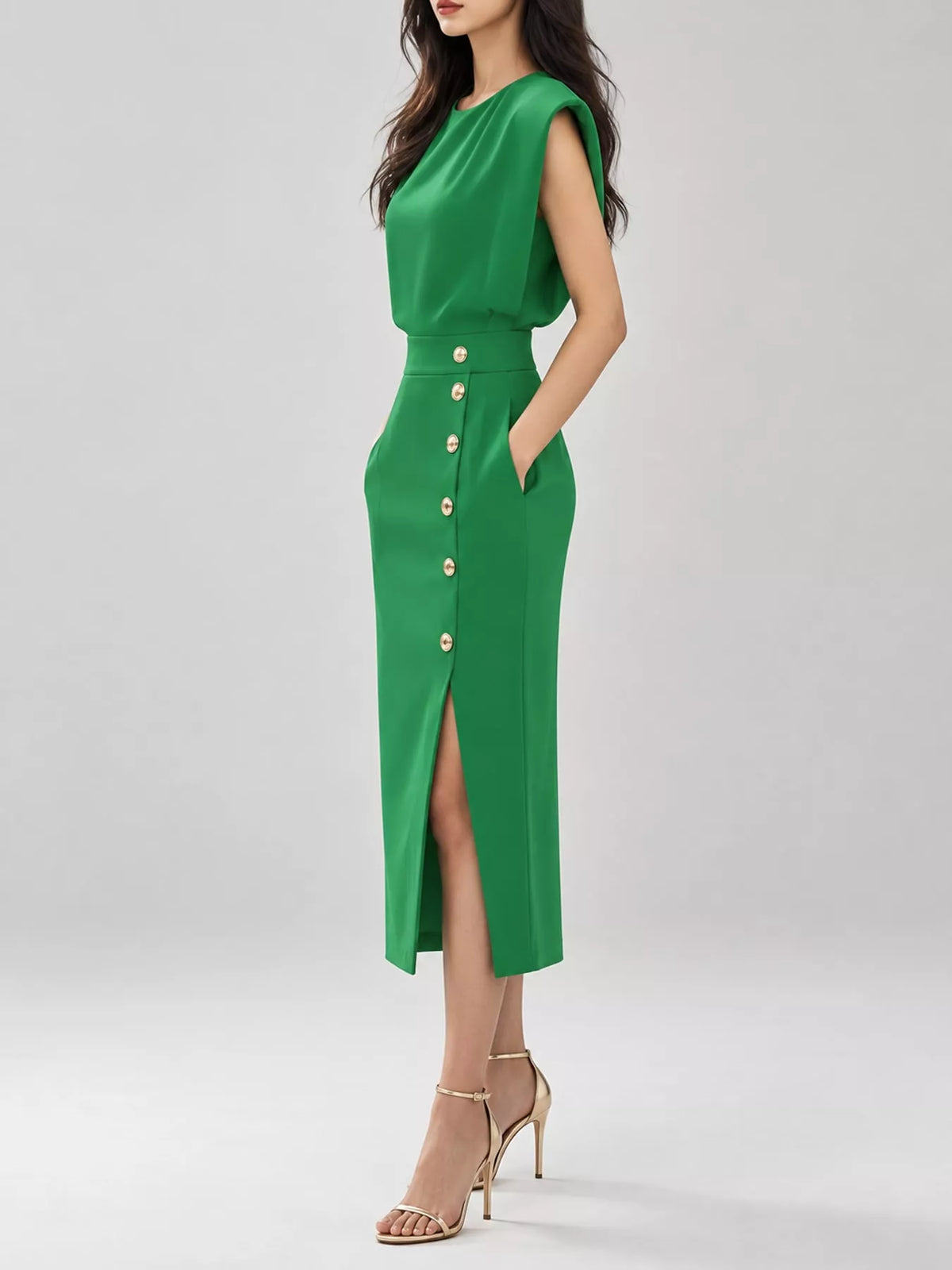 sleeveless midi dress with gold button detail and | dropsona - neutral - size reference