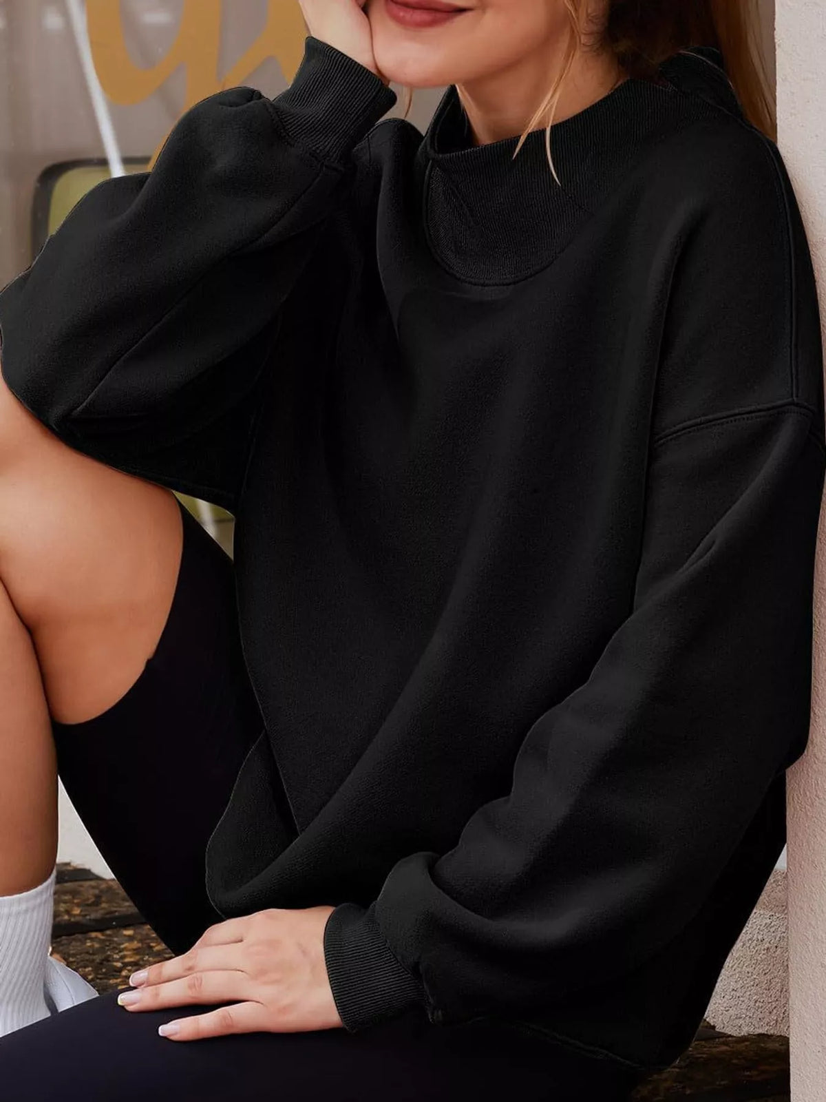 oversized mock neck long sleeve sweatshirt | dropsona - neutral - size reference