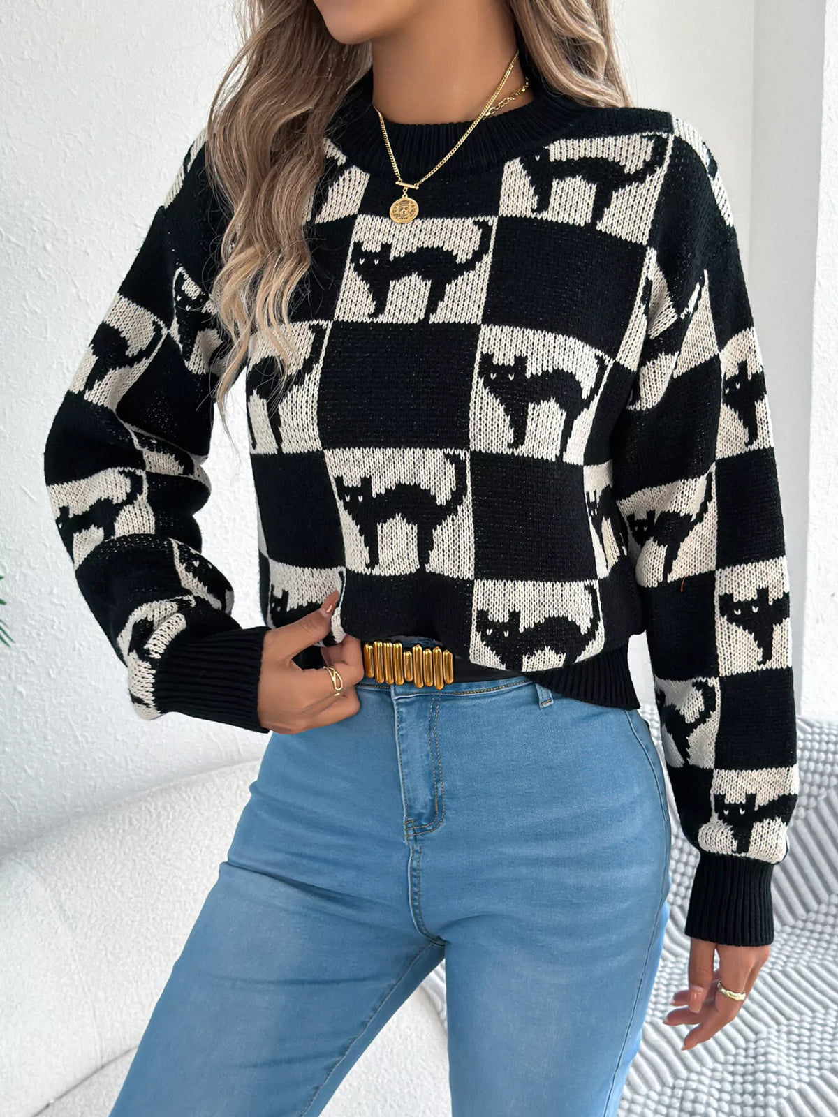 checkerboard halloween graphic sweater – basic style | dropsona - neutral - front view