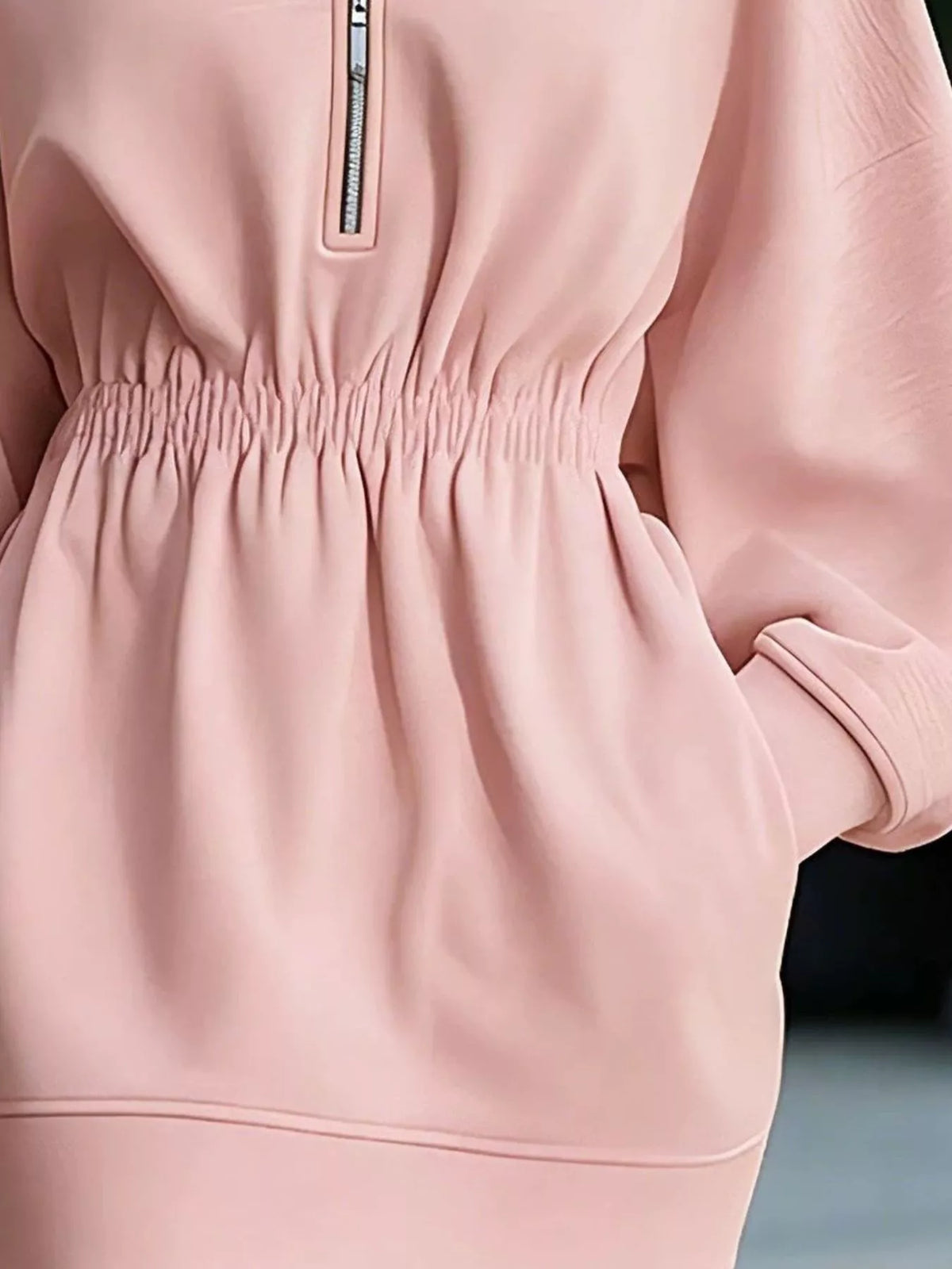 casual hooded quarter-zip sweatshirt dress | dropsona - neutral - close-up detail