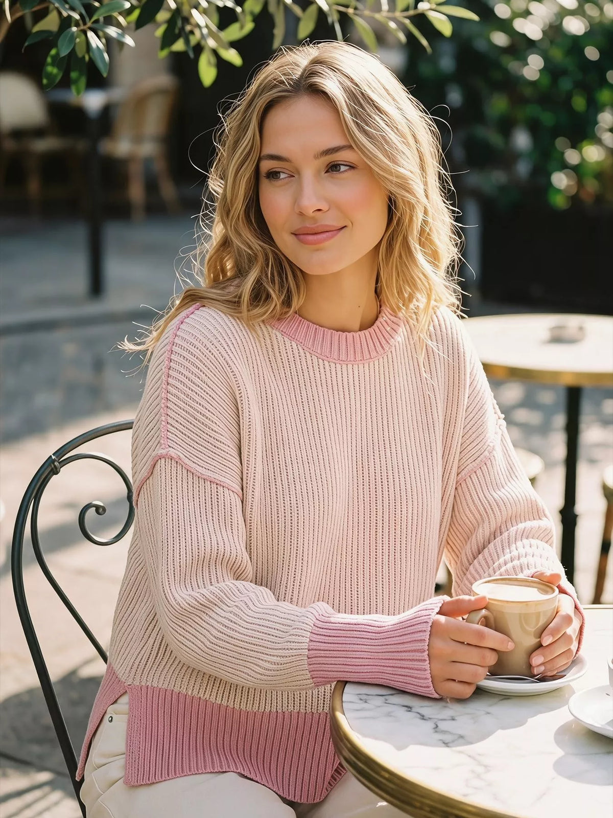 ribbed knit side slit sweater – basic style | dropsona - neutral - front view