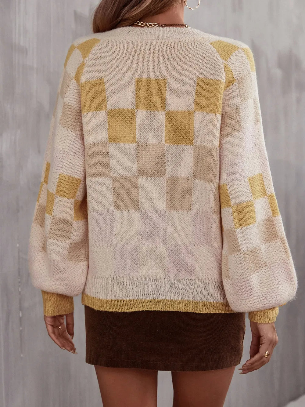angel wings checkered v-neck lantern sleeve sweater | dropsona - neutral - size reference