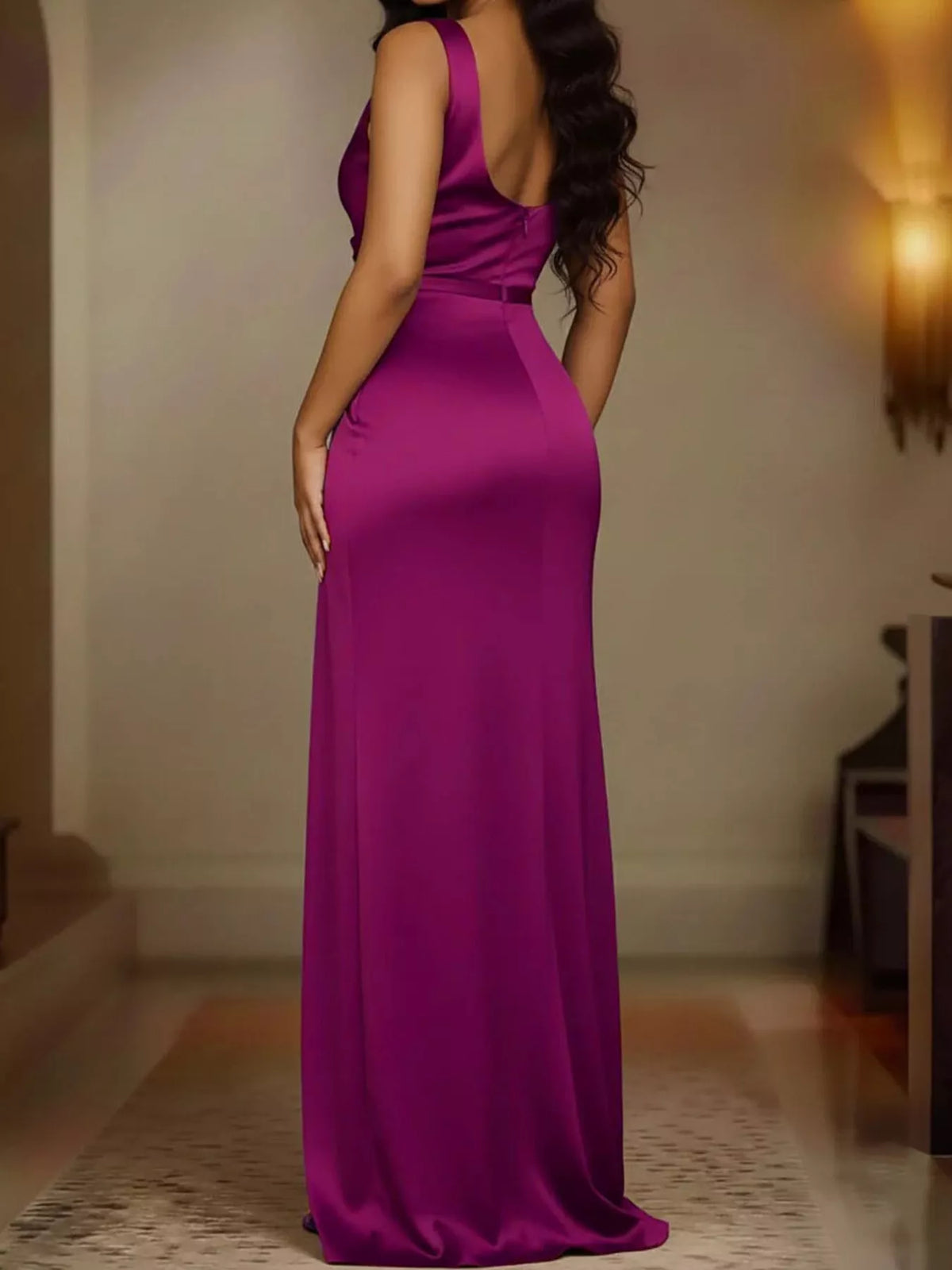 full size satin cowl neck high slit evening maxi | dropsona - neutral - front view