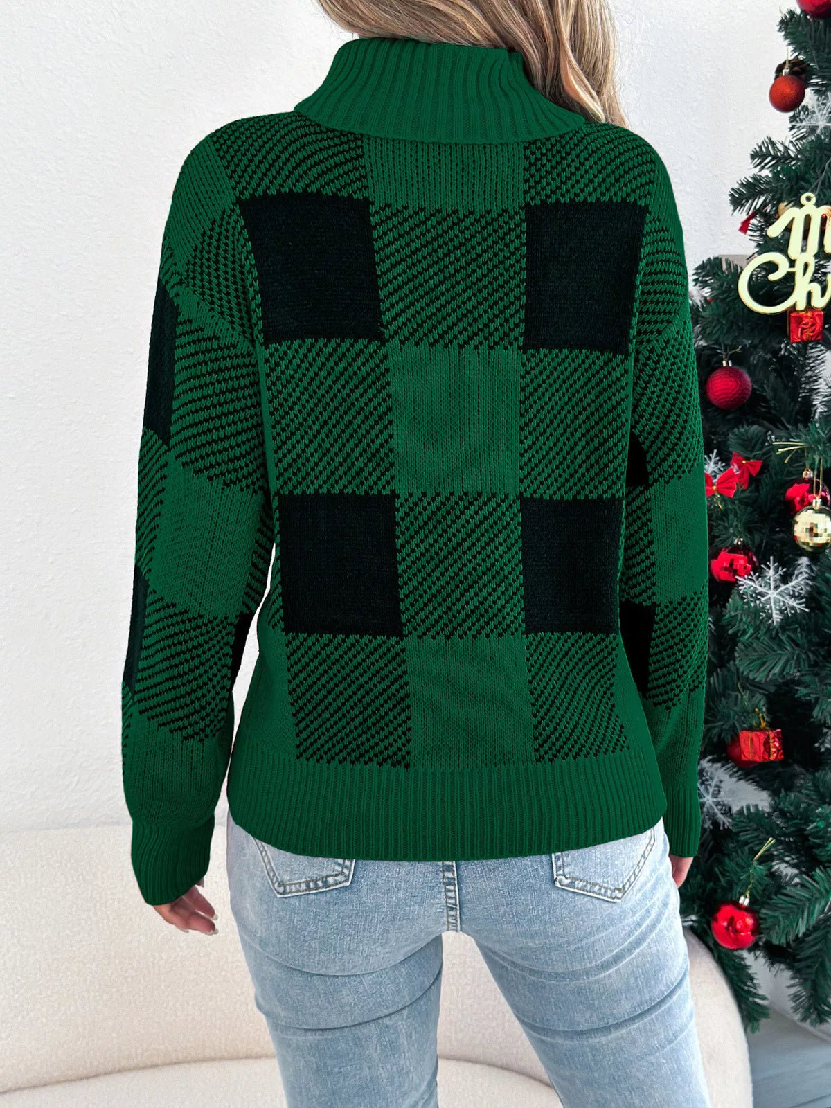 christmas plaid long sleeve turtleneck sweater | dropsona - neutral - front view
