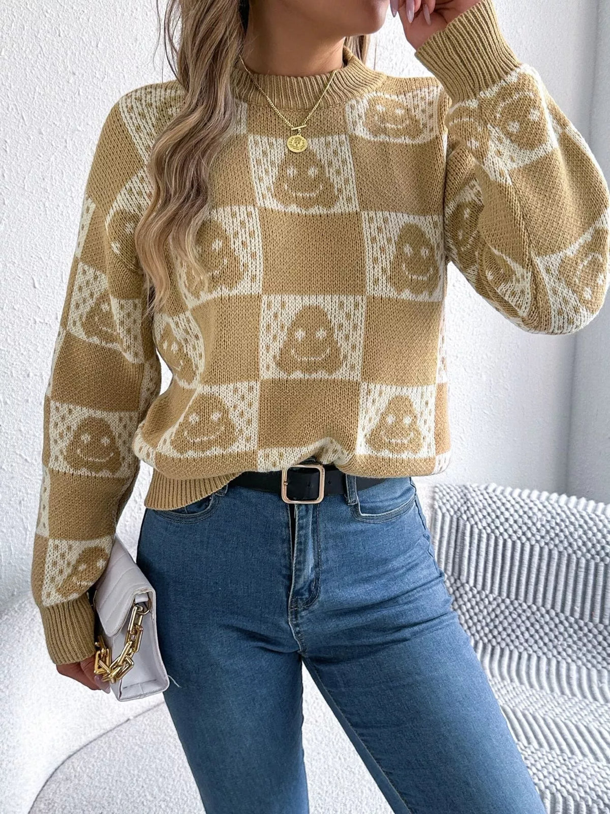 checkerboard halloween graphic sweater – basic style | dropsona - neutral - front view