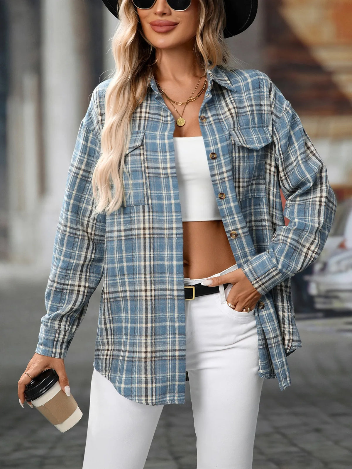 oversized plaid button-up shirt - close-up detail