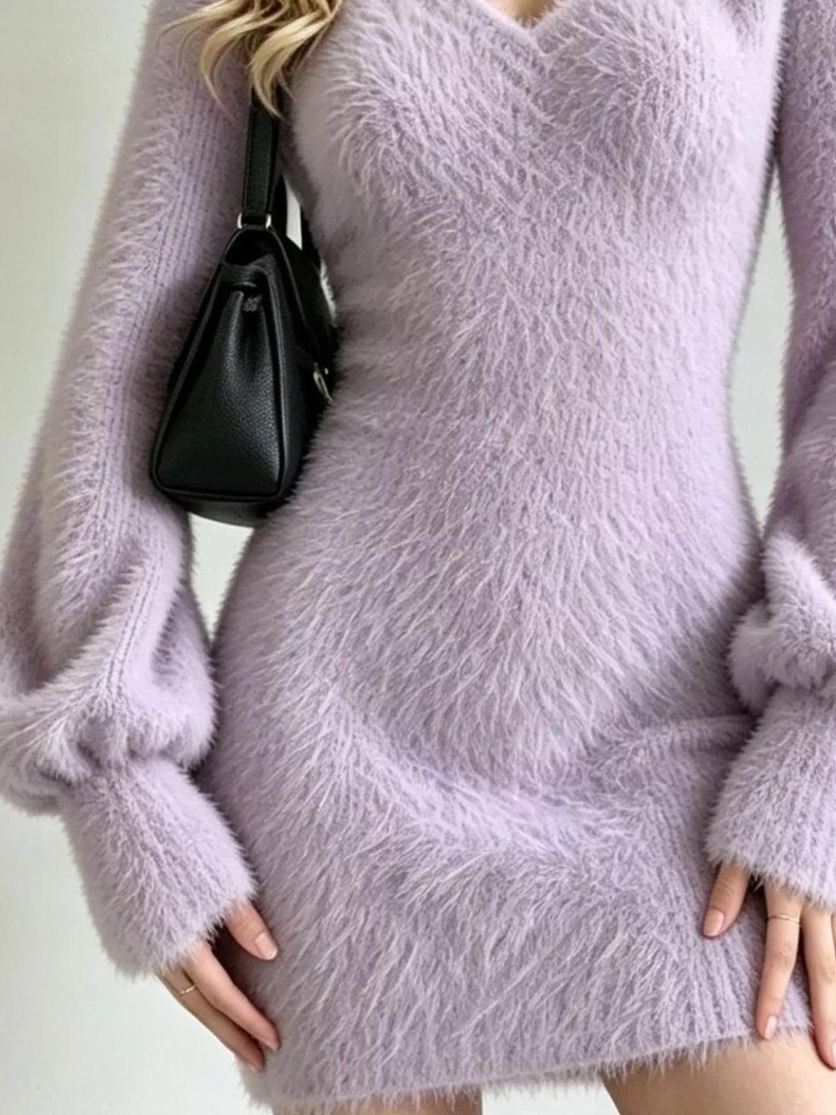 fuzzy v-neck long sleeve sweater dress – basic style | dropsona - neutral - close-up detail