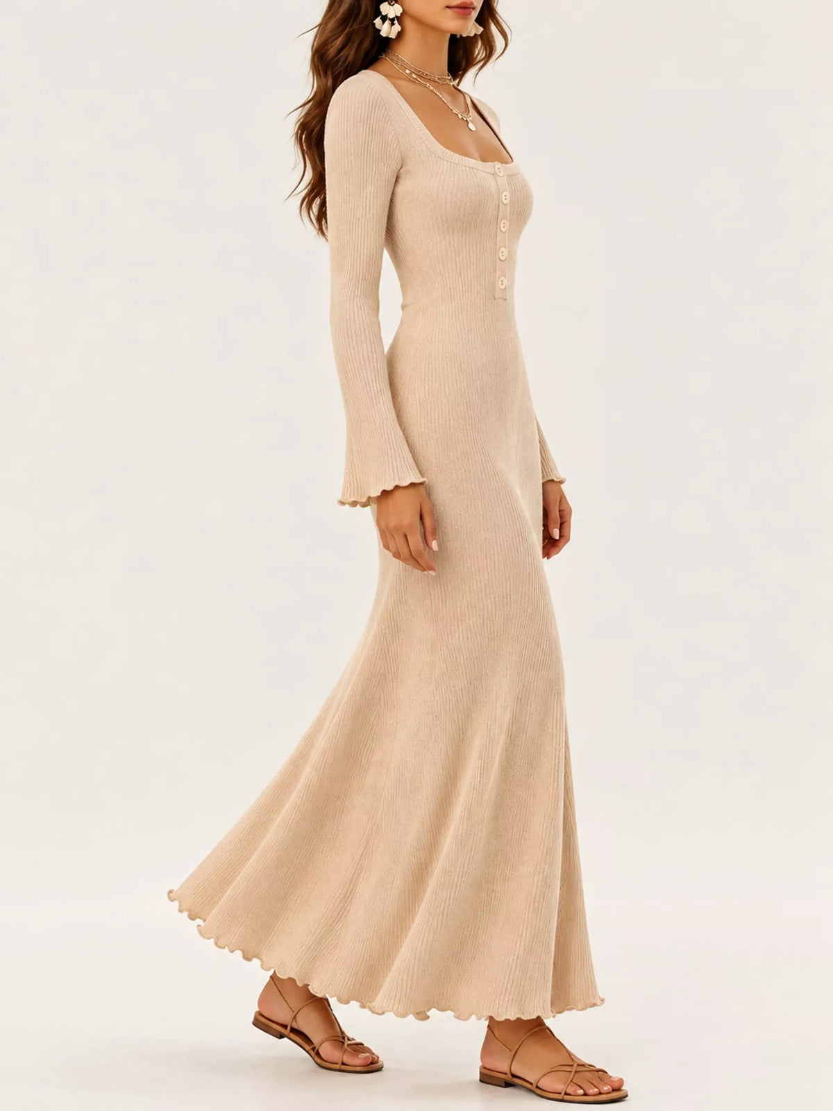 button-front ribbed knit maxi dress | dropsona - neutral - packaging