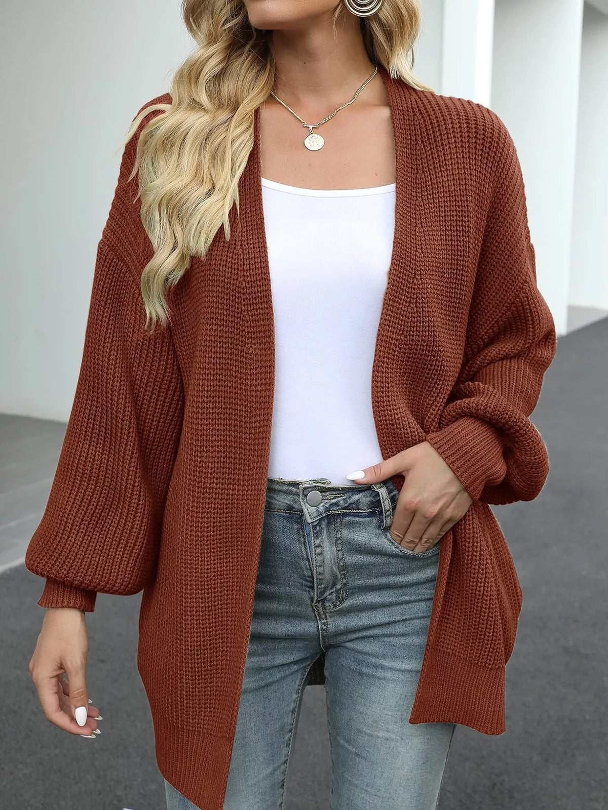 chunky knit open front cardigan with lantern sleeves | dropsona - neutral - material texture