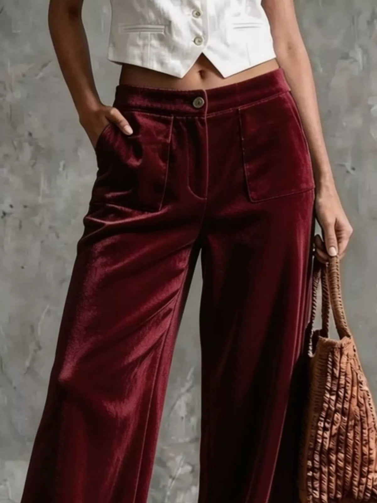 full size velvet wide-leg pants plus | dropsona - neutral - close-up detail