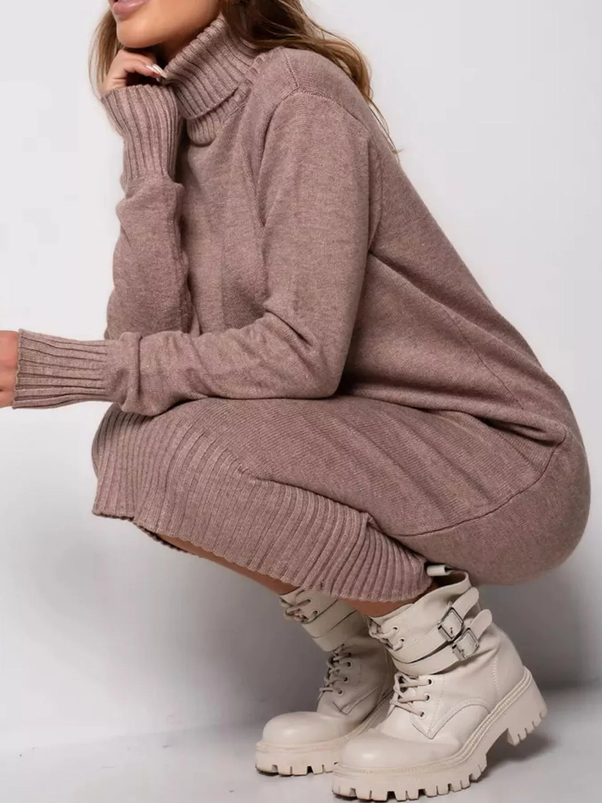 turtleneck ribbed knit sweater dress | dropsona - neutral - front view