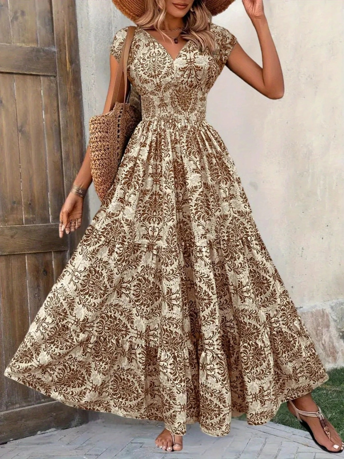 printed cap sleeve maxi dress – tiered,smocked | dropsona - neutral - packaging