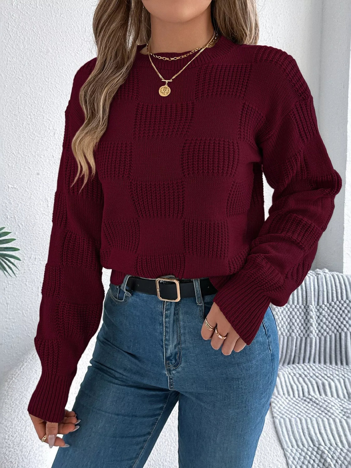 checkerboard textured knit sweater | dropsona - neutral - packaging