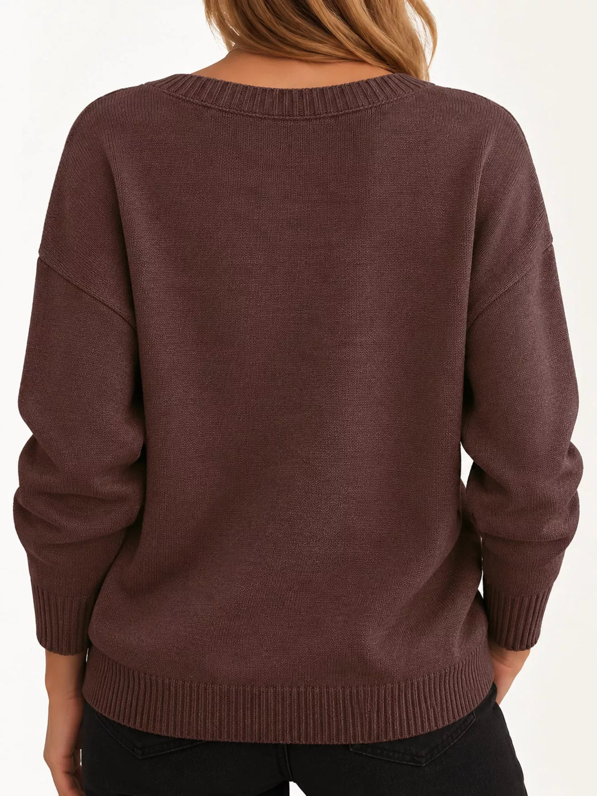 full size v-neck dropped shoulder sweater plus | dropsona - neutral - close-up detail