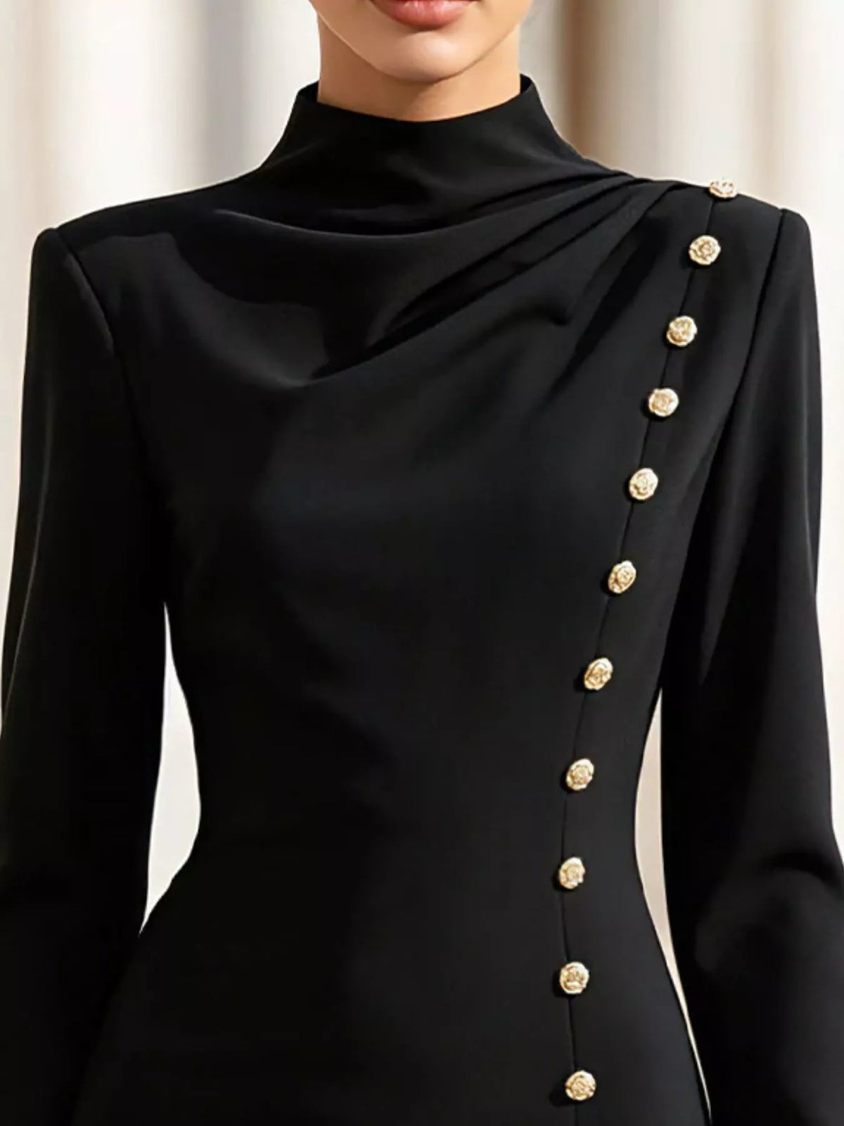 mock neck long-sleeve bodycon dress with gold-tone | dropsona - neutral - usage example